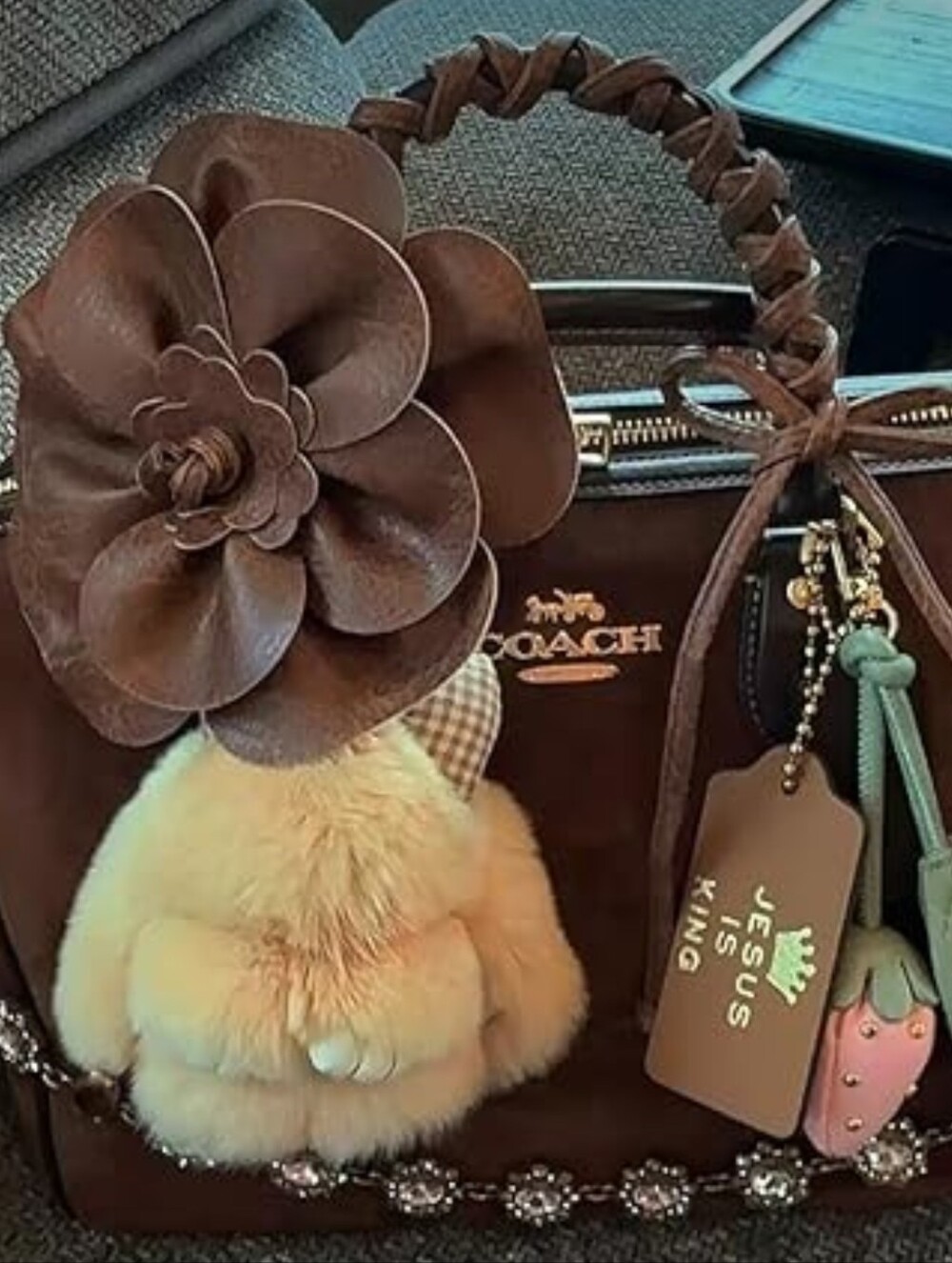 Coach Chocolate Brown Leather Tote with Floral Accent